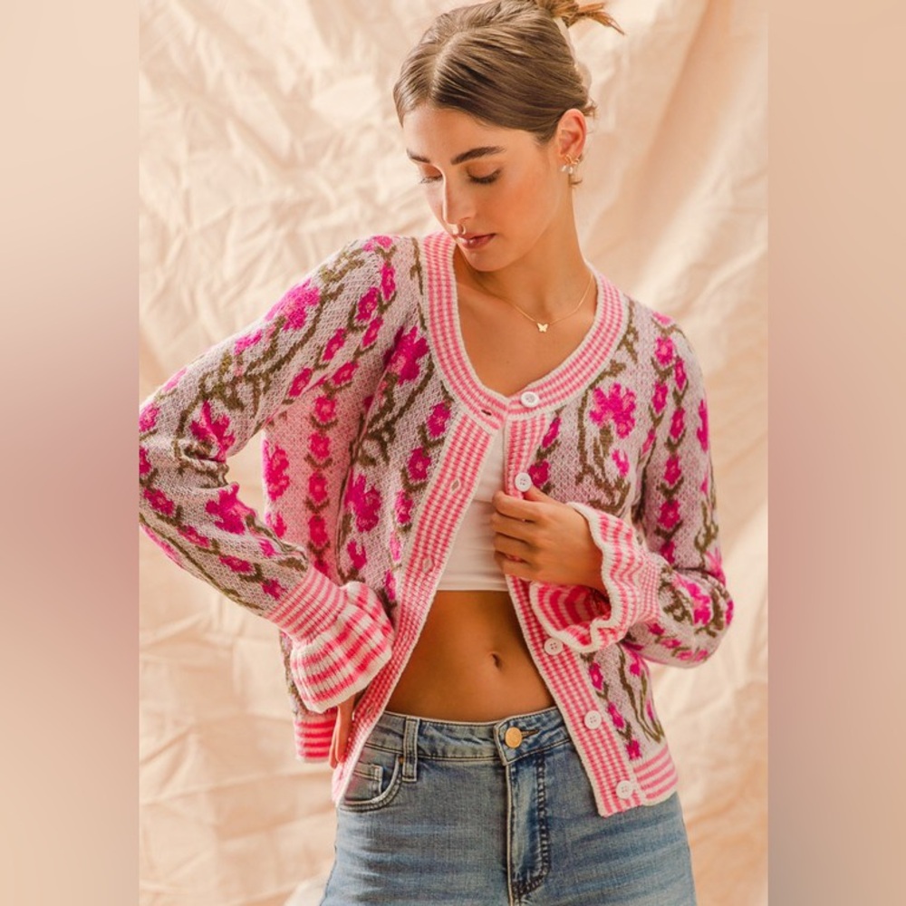 Pink Floral Intarsia Button Up Sweater Cardigan - Picture 6 of 16